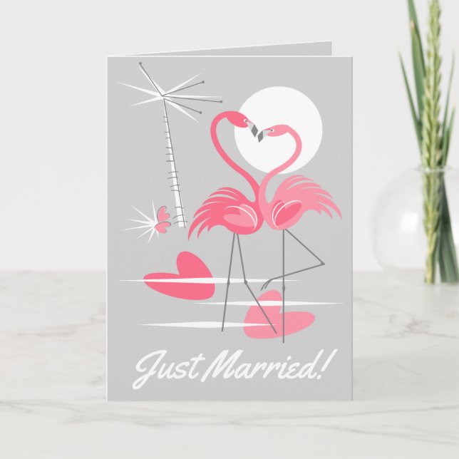 Faire-part Flamant rose Love Just Married! dans le texte gris (Devant)