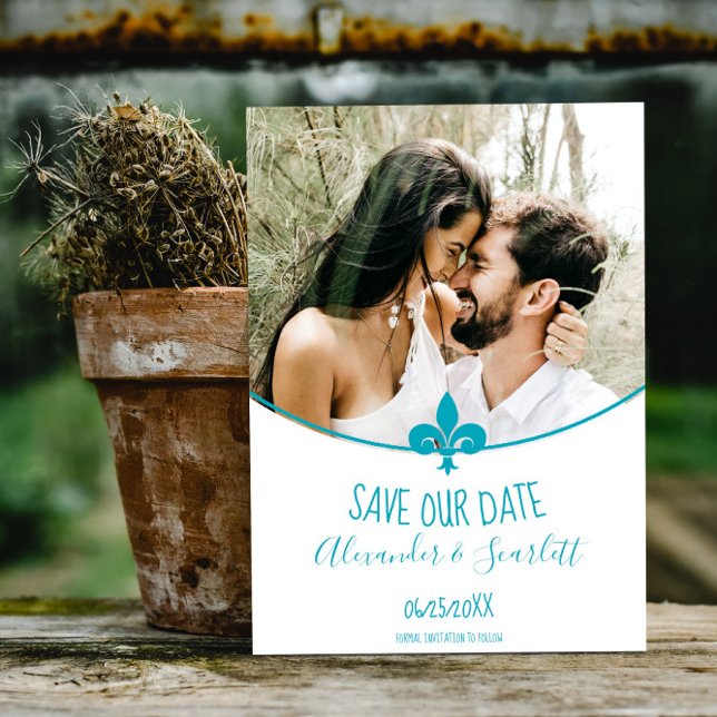 Faire-part Fleur de Lis Aquamarine Photo Enregistrer la Date (Aquamarine Fleur de Lis Photo Save the Date)