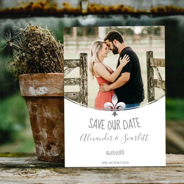Faire-part Fleur de Lis Argent Photo Enregistrez la Date (Silver Fleur de Lis Photo Save the Date)