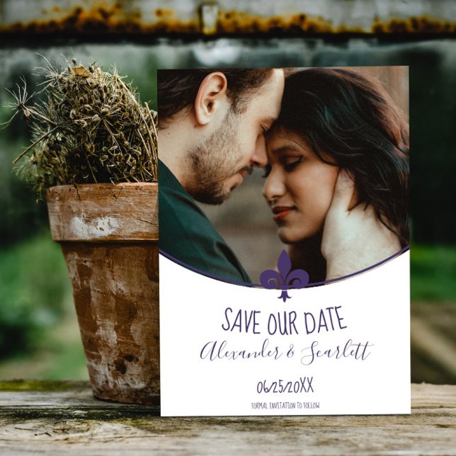 Faire-part Fleur de Lis Violet Photo Save The Date (Purple Fleur de Lis Photo Save the Date)