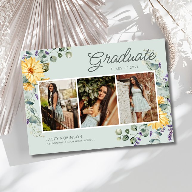 Faire-part Fleur sauvage 3 Photo Girl High School Graduation (Wildflower 3 Photo Girl High School Graduation Announcement)