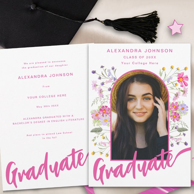 Faire-part Fleur sauvage - Arche Photo Graduée - Script rose  (Boho floral pink script graduate photo graduation announcement card)