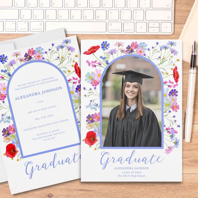 Faire-part Fleur sauvage coloré élégant Arc  - photo (Modern wildflower arch grad photo high school graduation announcement card colorful boho floral)