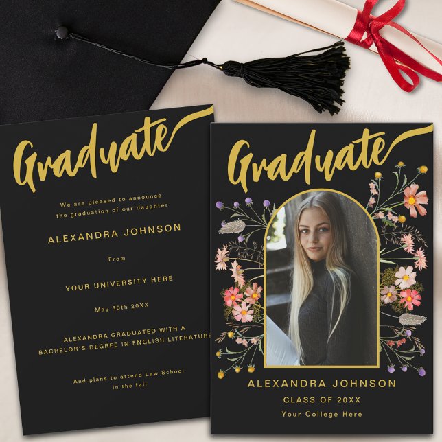 Faire-part Fleur Sauvage Élégant Diplômé Écriture Dorée Photo (Boho floral stylish gold script graduate photo graduation announcement card wildflower watercolor )