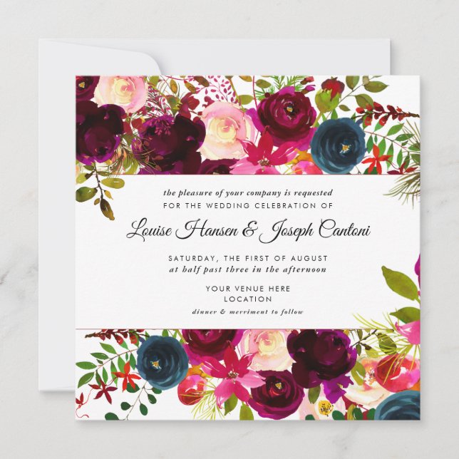 Faire-part Fleurs à l'aquarelle Rose, Bourgogne+Navy (Devant)