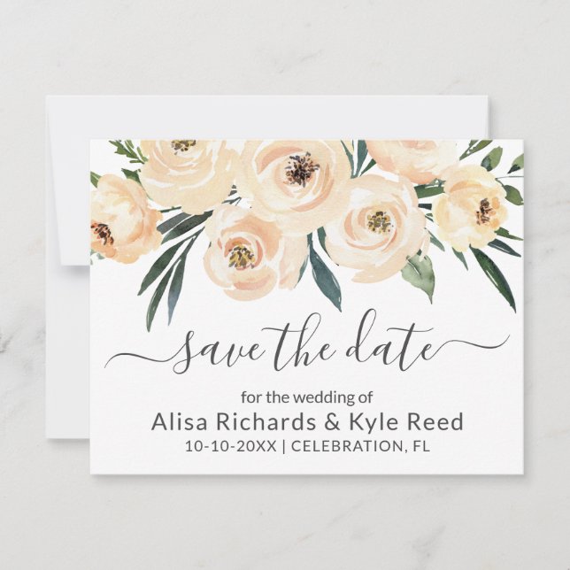 Faire-part Fleurs beige rose saumon or Save the Date (Devant)