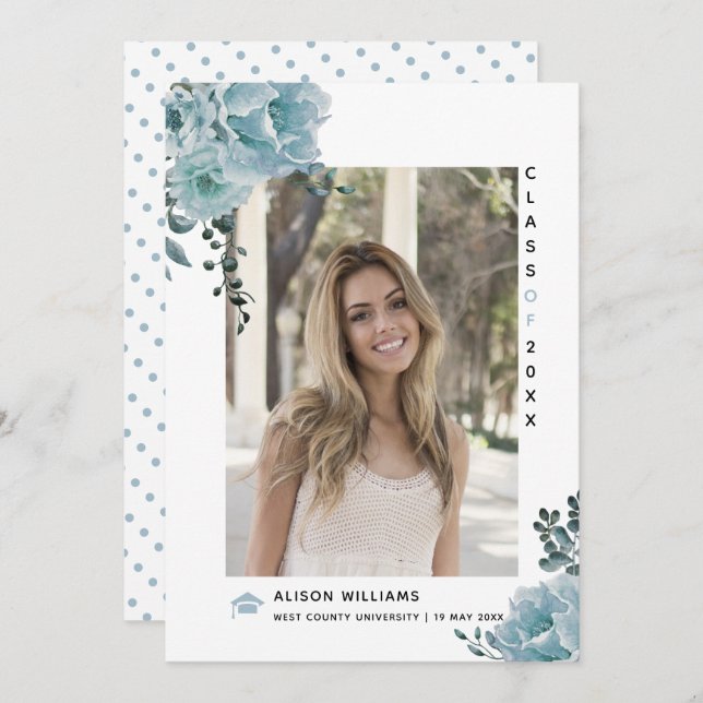Faire-part Fleurs bleues poussiéreuses Classe de photo de gra (Devant / Derrière)