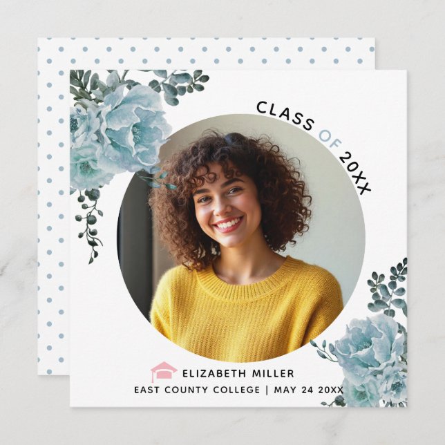 Faire-part Fleurs bleues poussiéreuses Classe de photo de gra (Devant / Derrière)