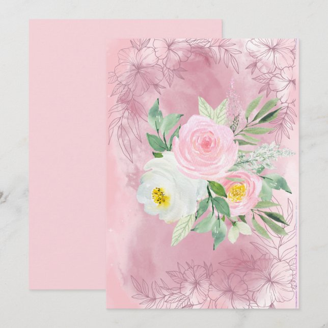 Faire-part Fleurs d'aquarelle blanche et rose pâle (Devant / Derrière)