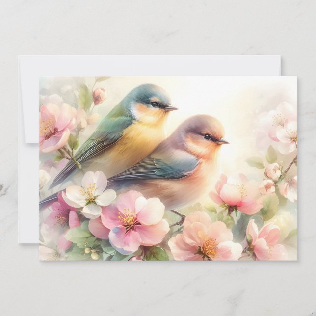 Faire-part Fleurs de cerisier pastel doux oiseaux d'amour (Devant)