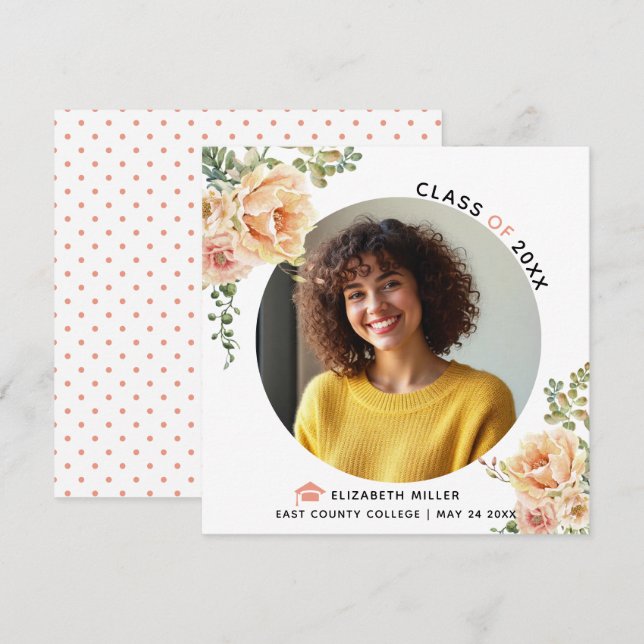 Faire-part Fleurs de pêche Classe de 2025 graduation photo (Devant / Derrière)