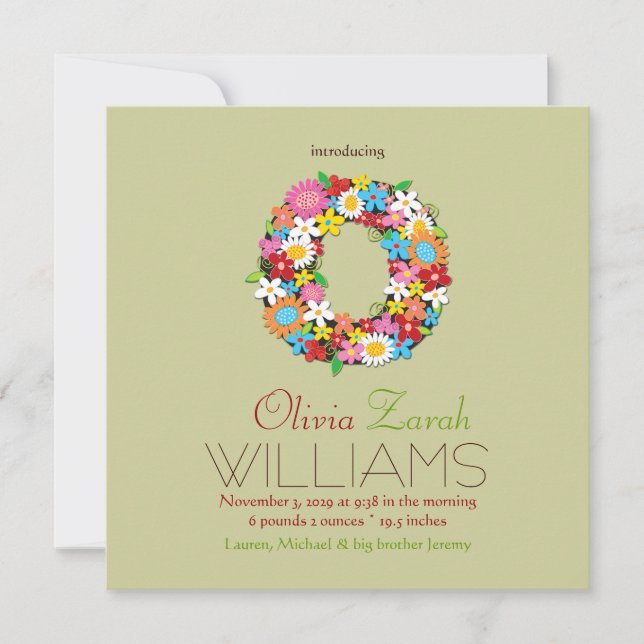Faire-part Fleurs de printemps Monogramme Bébé Fille Photo Na (Devant)