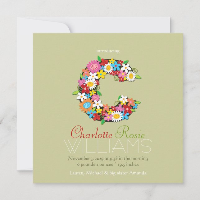 Faire-part Fleurs de printemps Monogramme Bébé Fille Photo Na (Devant)