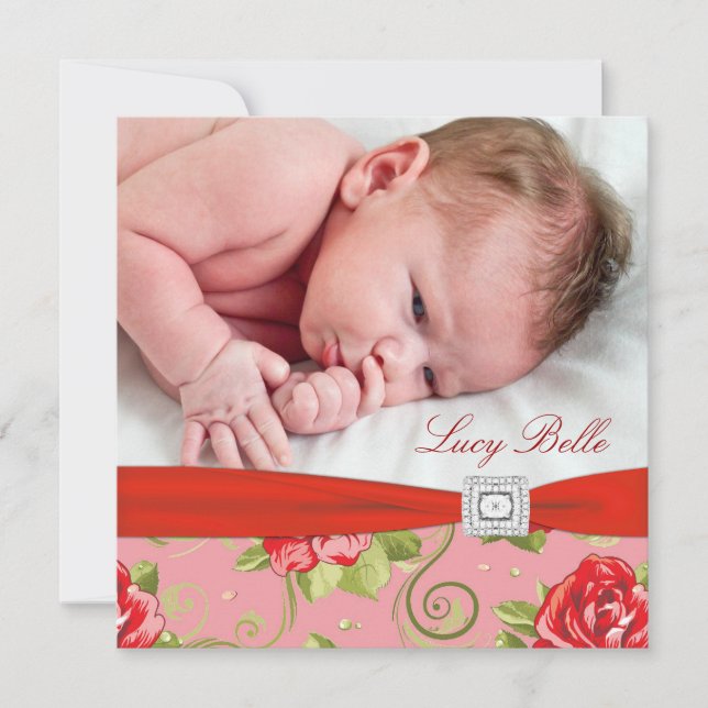 Faire-part Fleurs de rose rouge Chintz Rose rose bébé fille P (Devant)