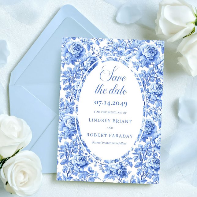 Faire-part Fleurs de Roses Bleues Délicates Épinglez la Date  (Delicate Blue Roses Floral Save the Date Wedding Card)