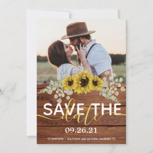 Faire-part Fleurs de soleil en bois rustique Sauvez la date