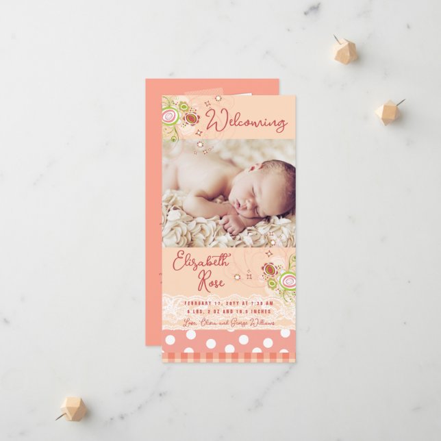 Faire-part Fleurs Florales Roses Fantaisistes Naissance Bébé  (Devant/Arrière en situation)