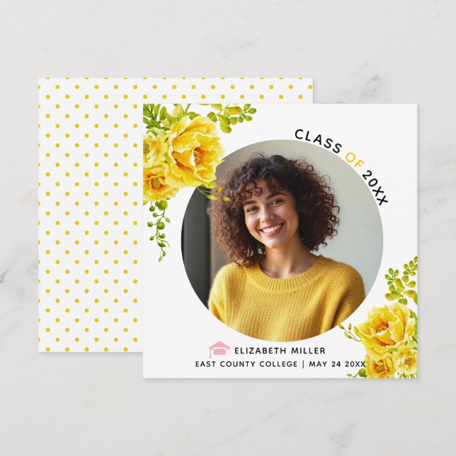 Faire-part Fleurs jaunes Classe de photo de graduation 2025 (Devant / Derrière)