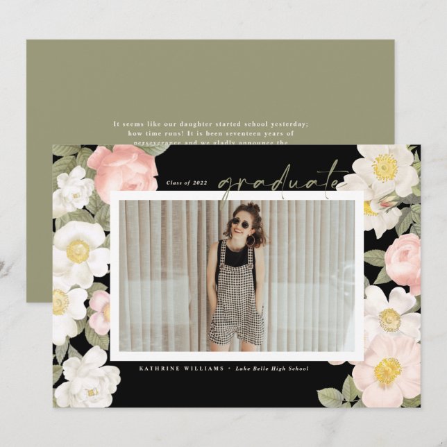 Faire-part Fleurs Pastel vintages noir Photo Graduation (Devant / Derrière)