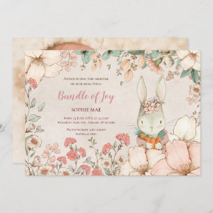 Faire-part Fleurs photo vintage lapin mignonne bébé fille nai