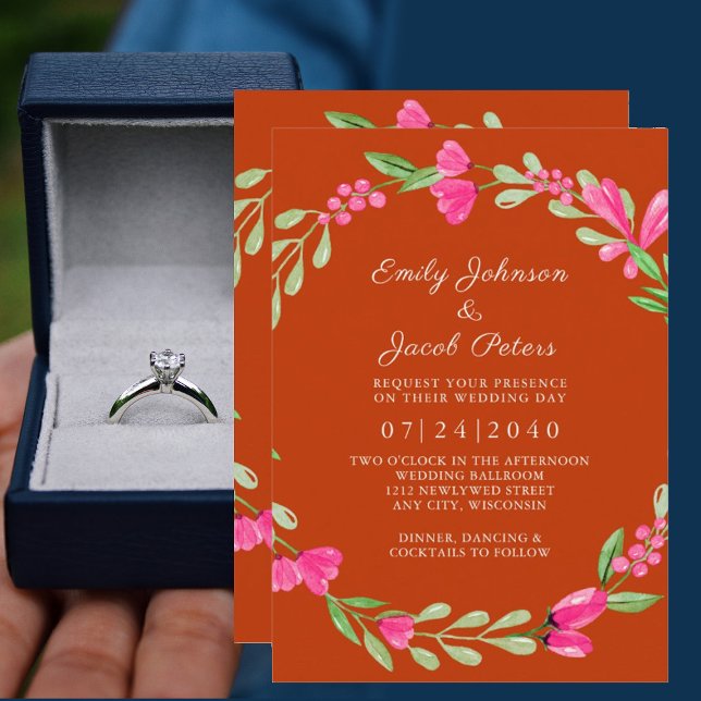 Faire-part Fleurs roses de verdure orange rouge mariage éléga (Créateur téléchargé)