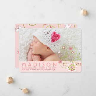Faire-part Fleurs roses sucrées Whimsical Baby Girl Photo Nai