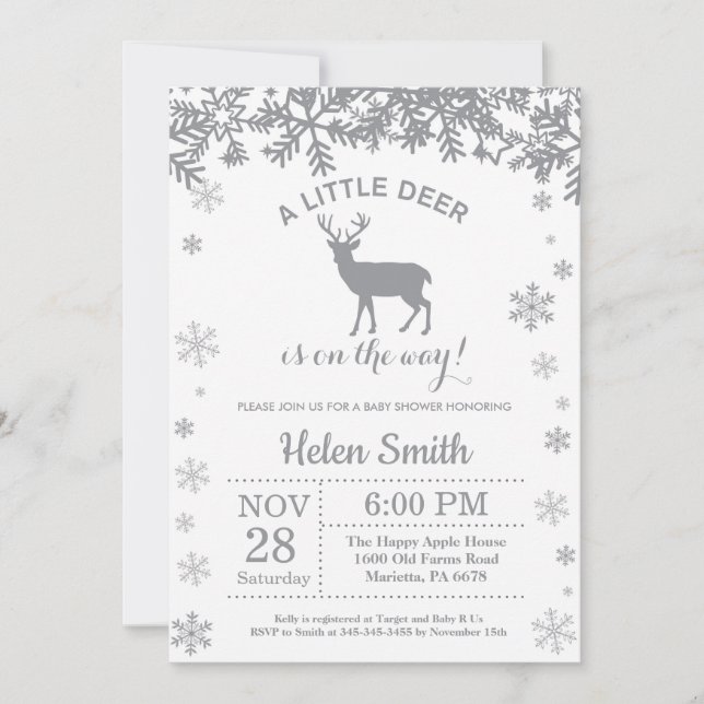 Faire-part Flocon de Neige Baby Shower Cerf Hiver (Devant)