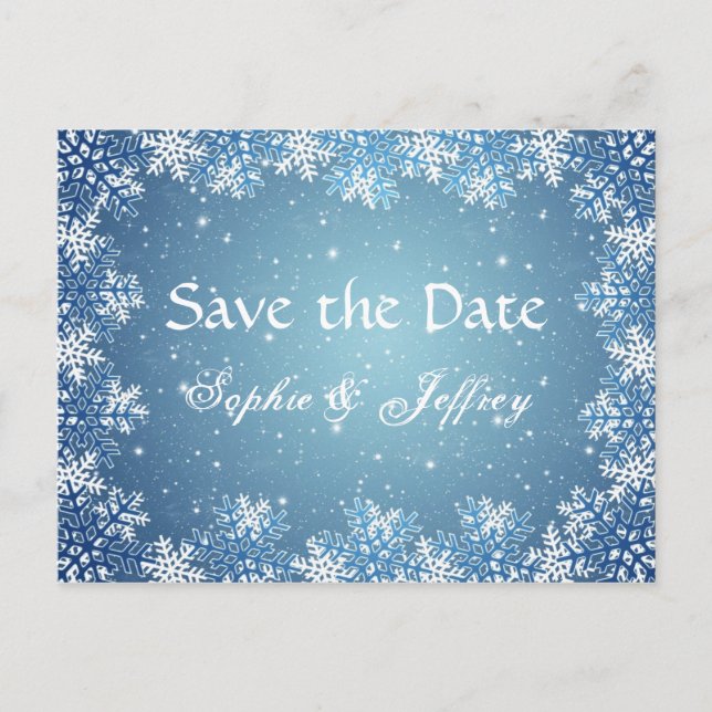 Faire-part Flocons de neige sur carte postale de mariage bleu (Devant)