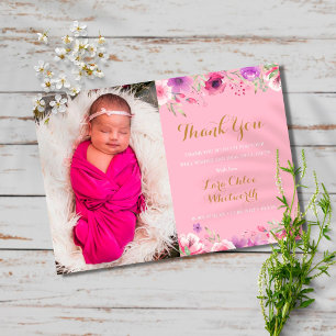 Faire-part Floral Baby Girl Photo Script Thank You Pink Birth