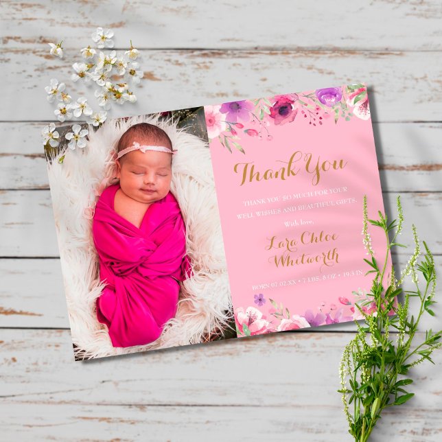 Faire-part Floral Baby Girl Photo Script Thank You Pink Birth (Créateur téléchargé)
