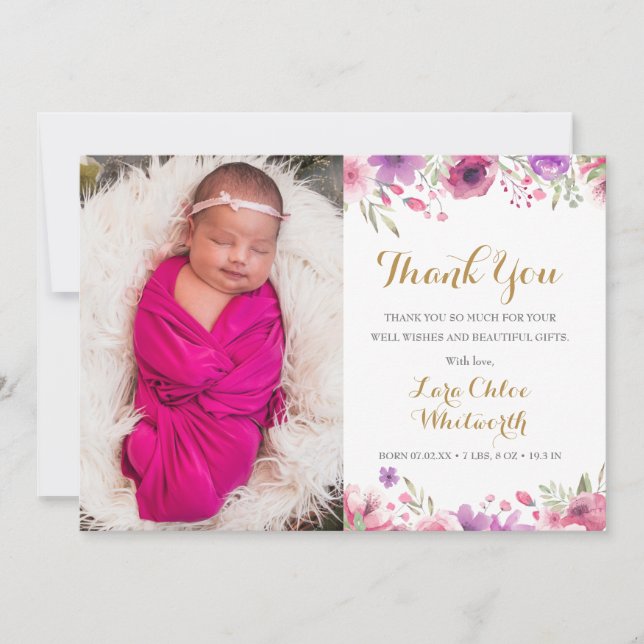 Faire-part Floral Baby Girl Script photo Merci naissance (Devant)