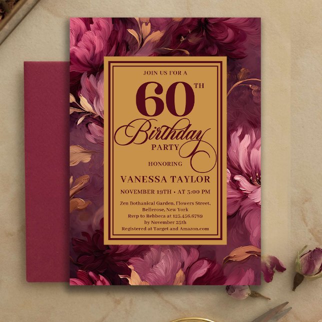 Faire-part floral de 60e anniversaire Burgundy Blu (Refined 60th Birthday Burgundy Blush Floral Invitation)