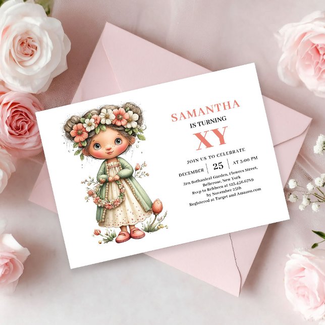 Faire-part floral de naissance de petite fille fée (Whimsy Cute Fairy Girl Birthday Floral invitation)