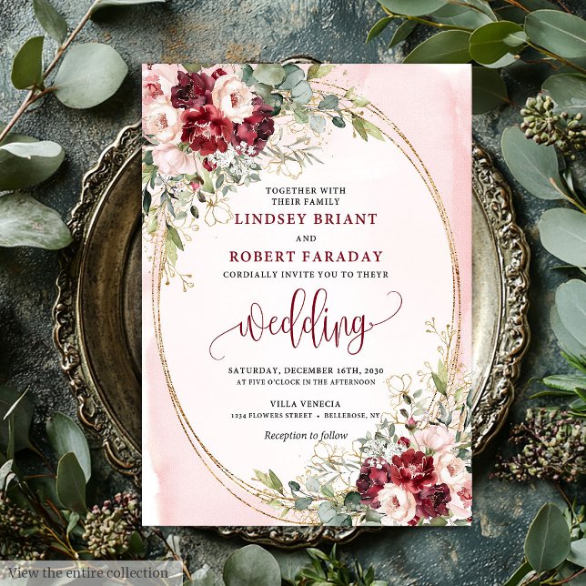 Faire-part floral de style boho burgundy blush or (Stylish Boho Burgundy Blush Gold Floral Invitation)