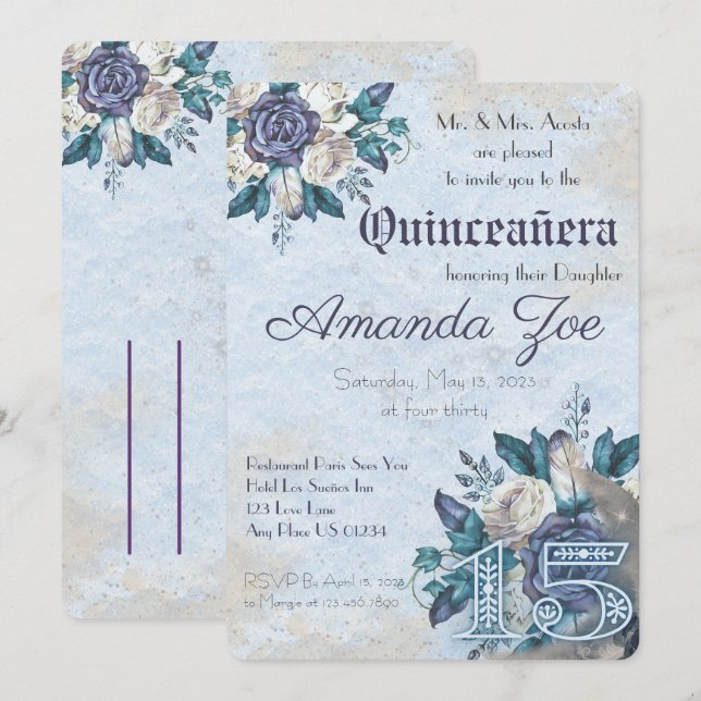 Faire-part floral Dusty Blue pour mes quince (Devant / Derrière)