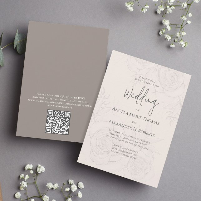 Faire-part Floral Élégant Simple | Code QR  (Elegant blush floral wedding invitation with elegant calligraphy script. with QR Code. )