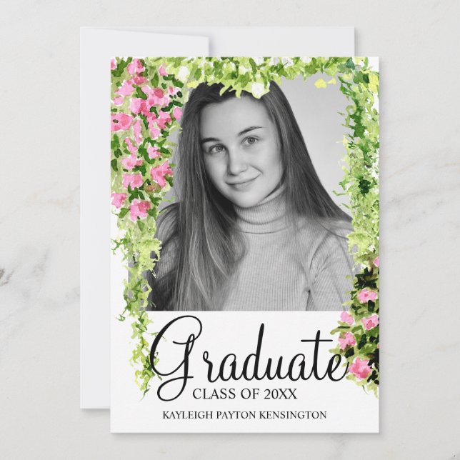 Faire-part Floral Moderne Élégant Script Graduation Photo (Devant)