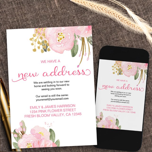 Faire-part Floral Pink Gold Nouvelle adresse Moving Faire-par (Floral new address moving announcement card available printed or as printable digital download
)