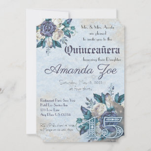 Faire-part floral poussiéreux bleu pour mes quince