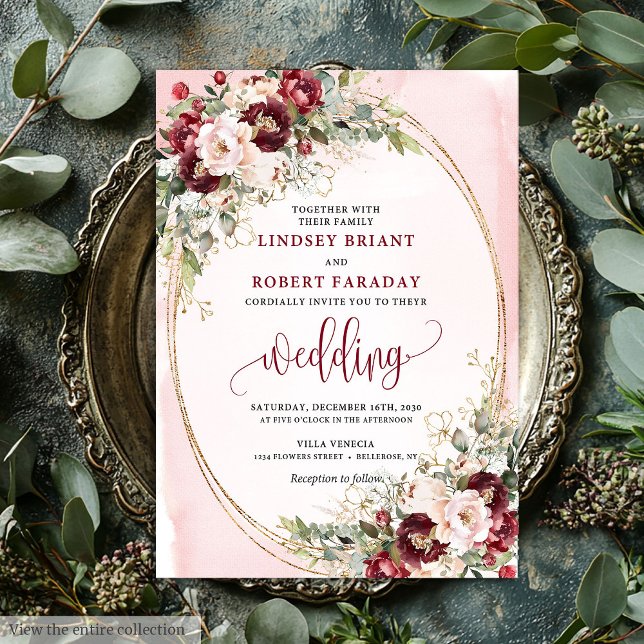 Faire-part floral romantique boho bordeaux rose go (Romantic Boho Burgundy Blush Gold Floral Invite)