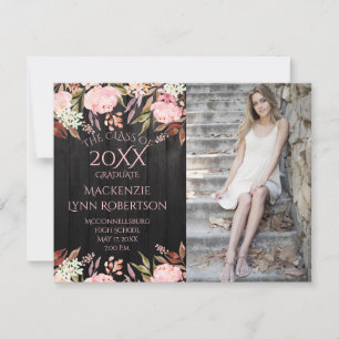 Faire-part Floral rose Grange noire Bois Photo Graduation