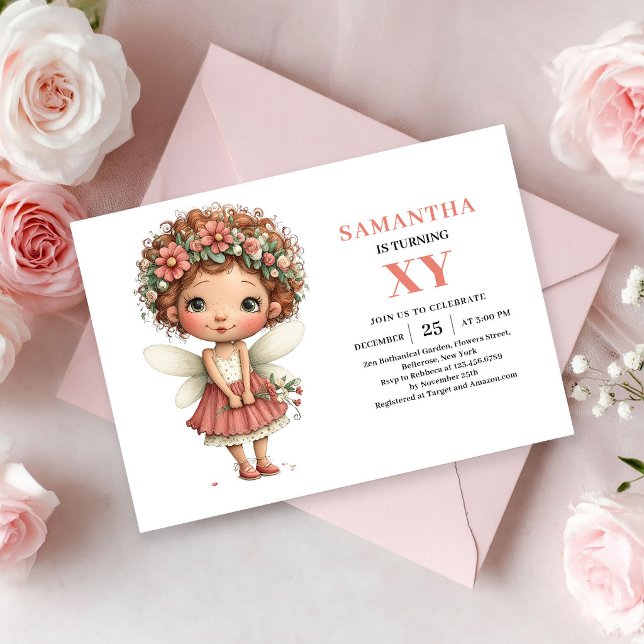 Faire-part floral rose pour l'anniversaire d'une f (Whimsical Fairy Girl Birthday Blush Floral invitation)