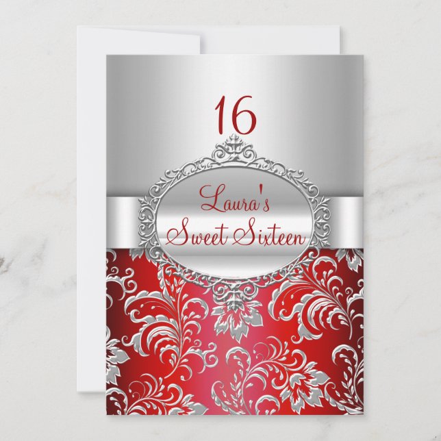 Faire-part floral rouge et argent pour 16 ans (Devant)
