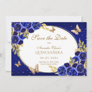 Faire-part Floral Royal Blue Gold Butterfly Quinceanera