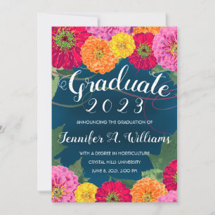 Faire-part Floral Zinnia Aquarelle Bleu 2023 Graduation