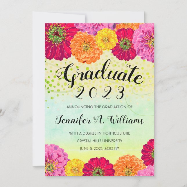 Faire-part Floral Zinnia Aquarelle brillante 2023 Diplômé (Devant)