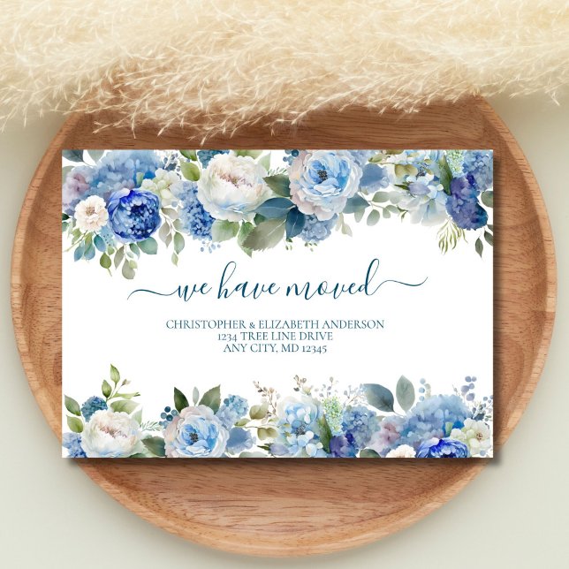 Faire-part Flore d'aquarelle bleu blanc Déménager Nouvelle ma (Blue White Watercolor Peonies Florals Moving New Home Announcement Card )