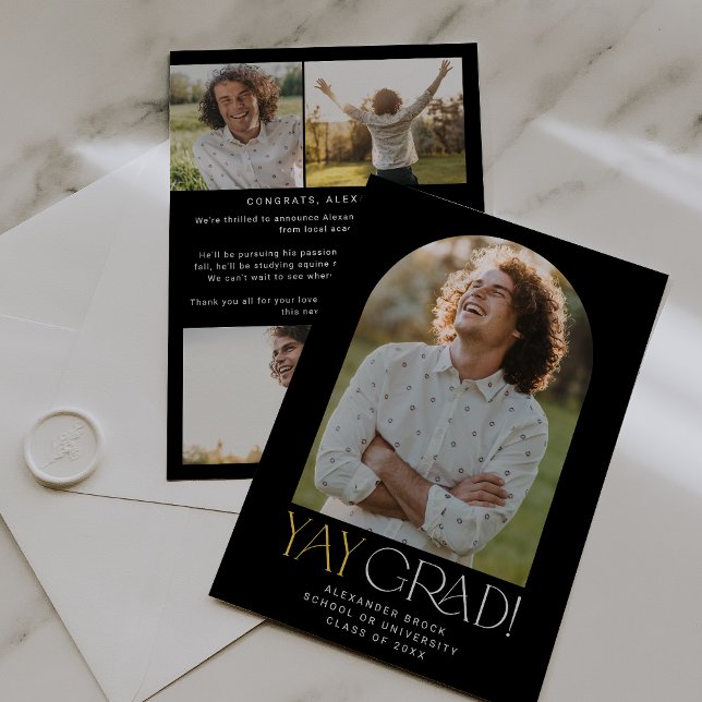 Faire-part Flûte moderne Black Gold Yay Grad Photo Graduation (Créateur téléchargé)