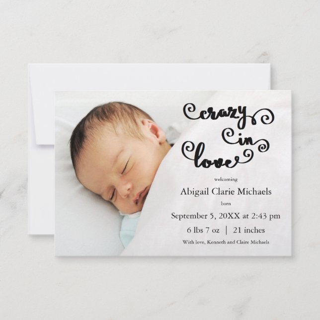 Faire-part Folle Amoureuse Bleu - Annonce Naissance 3x5 (Devant)
