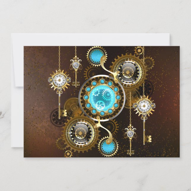 Faire-part Fond rouillé Steampunk avec verres turquoise (Devant)